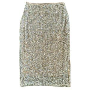 Zara Sequin Midi Pencil Skirt Nude Beige Side Slit Zip Size Medium